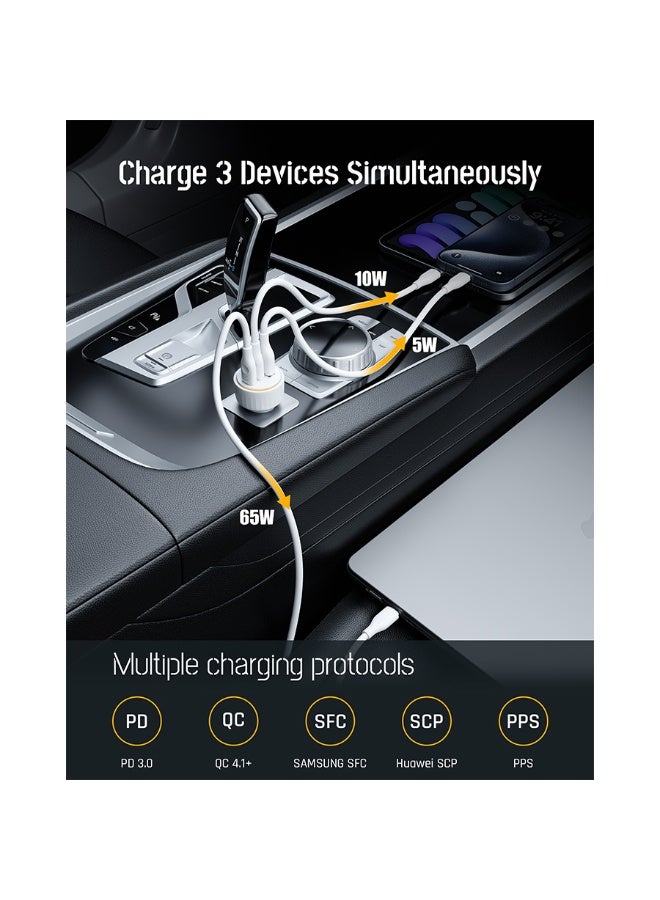 فولتمي شاحن سيارة فولتمي كازو بمنفذين USB-C ومنفذ USB وبقوة 65 واط - أبيض - Image 4