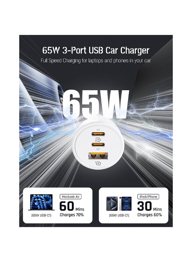 فولتمي شاحن سيارة فولتمي كازو بمنفذين USB-C ومنفذ USB وبقوة 65 واط - أبيض - Image 3