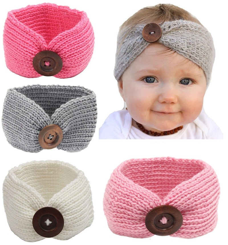 QandSweet Baby Turban Head Wrap Headbands Girl Knitting Button Hairbands - Image 1