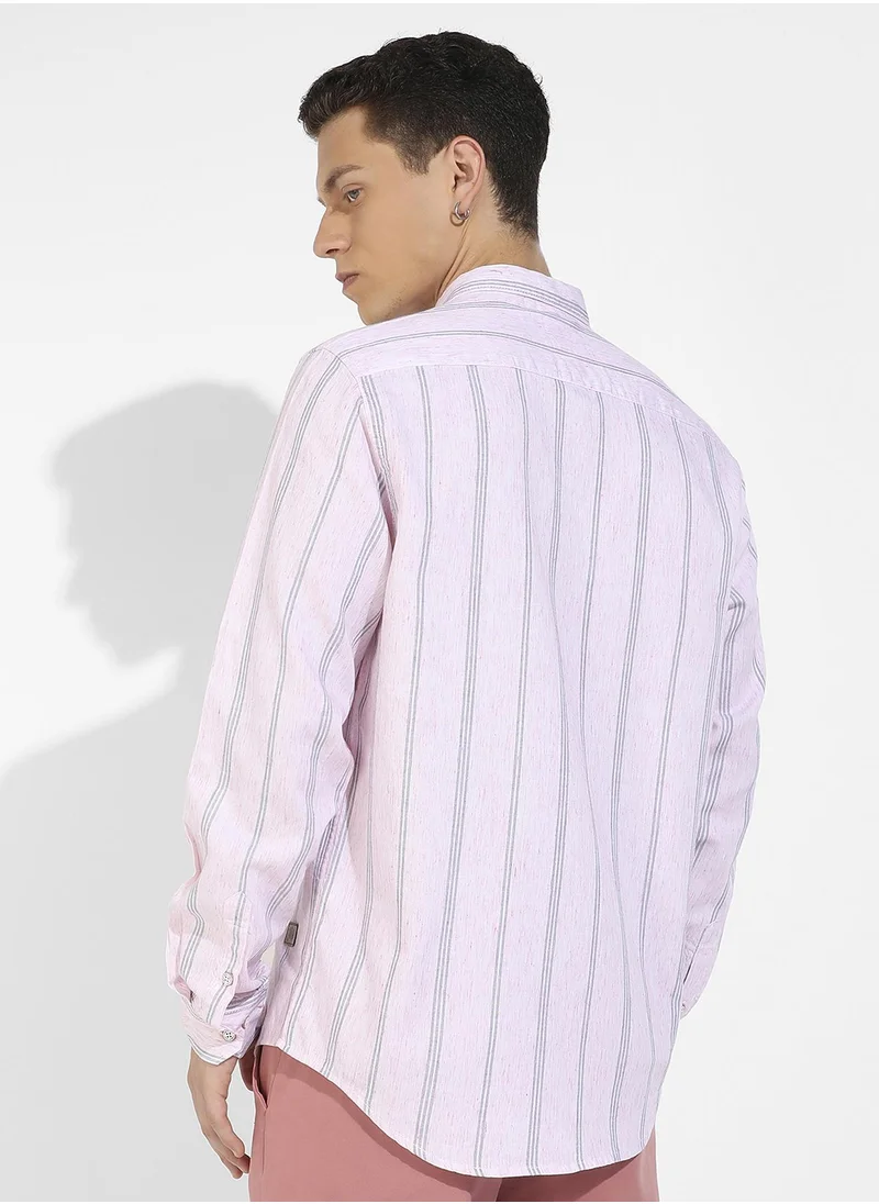 Campus Sutra Men's Pink Heathered Striped Shirt