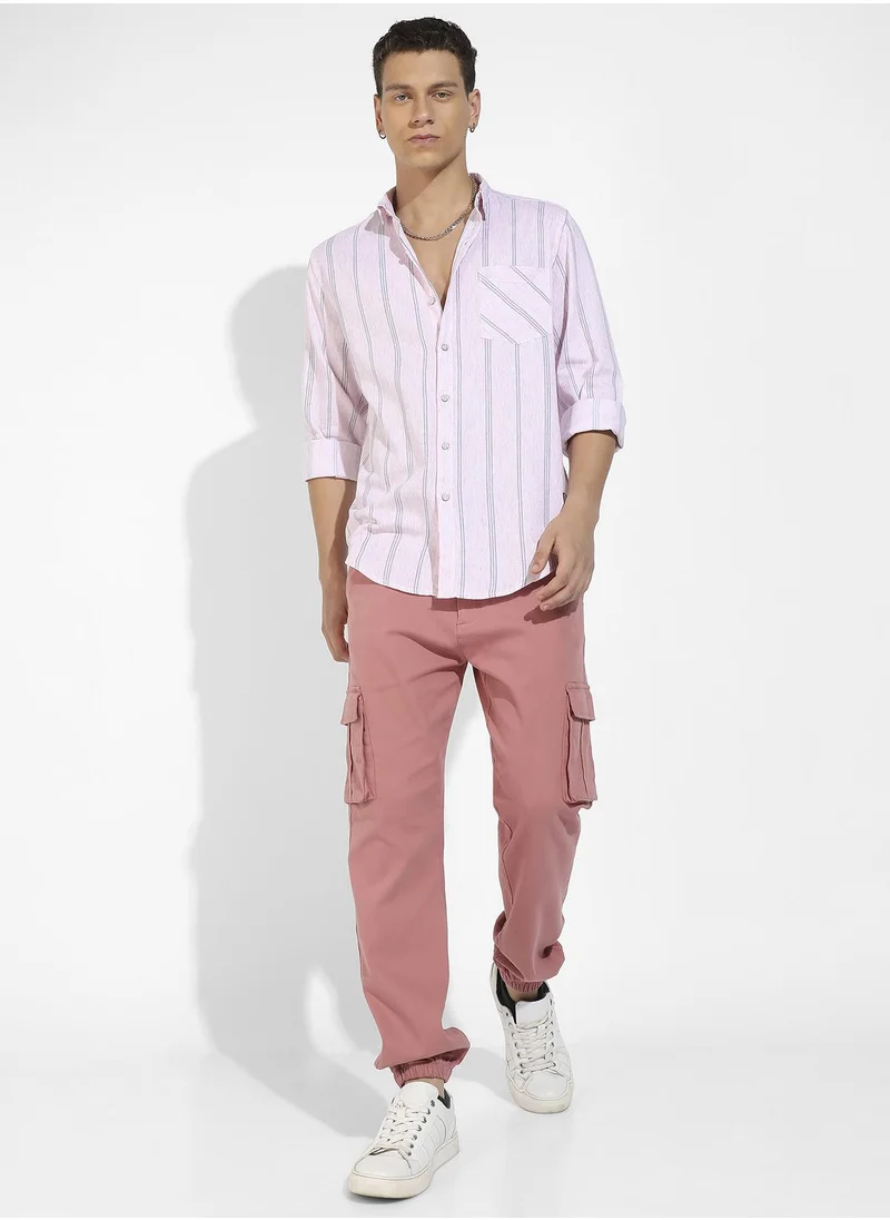 Campus Sutra Men's Pink Heathered Striped Shirt