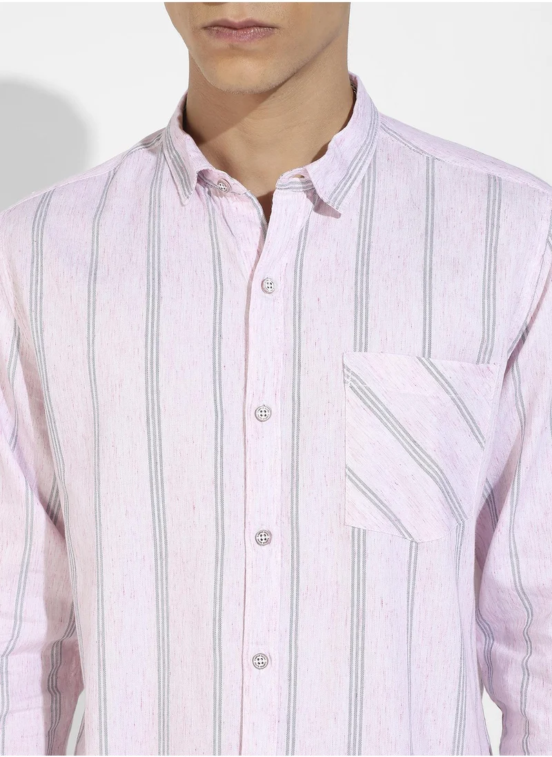 Campus Sutra Men's Pink Heathered Striped Shirt