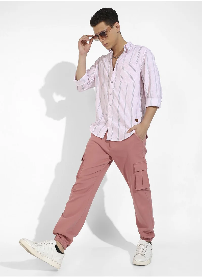 Campus Sutra Men's Pink Heathered Striped Shirt