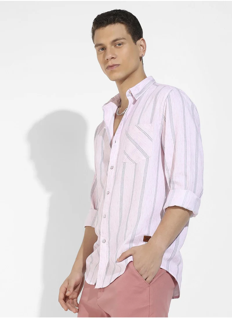Campus Sutra Men's Pink Heathered Striped Shirt