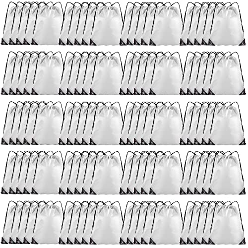 Grneric Drawstring Backpack Bulk 100Pcs Cinch Bag, Polyester Drawstring Bags for Gym Beach Sports Short Trip Party (White) - Image 1