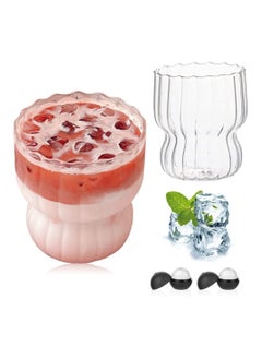 Ribbed Glass Cups,2 Pcs 270ML Origami Style Glass Cups with 2 Iced Ball Molds,Vertical Stripes Bubble Glasses Drinking,Ribbed Glassware,Bubble Cups,Ripple Glassware,Ribbed Drinking Glasses