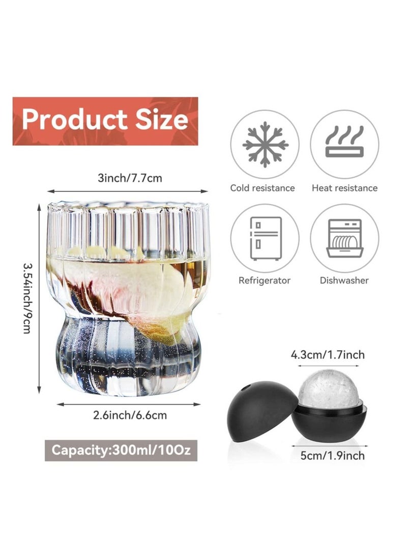 KASTWAVE - Ribbed Glass Cups,2 Pcs 270ML Origami Style Glass Cups with 2 Iced Ball Molds,Vertical Stripes Bubble Glasses Drinking,Ribbed Glassware,Bubble Cups,Ripple Glassware,Ribbed Drinking Glasses - Image 1