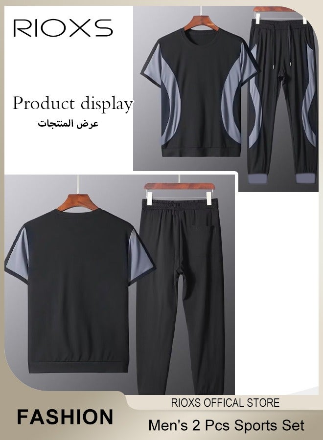RIOXS Men's 2 Pieces Summer Color Stitching Sports Set Crew Neck Slim Fit T-shirt & Elastic Waist Downstrings Jogger Long Pants - Image 2