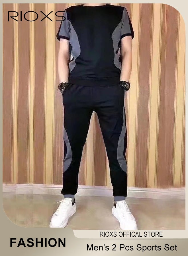 RIOXS Men's 2 Pieces Summer Color Stitching Sports Set Crew Neck Slim Fit T-shirt & Elastic Waist Downstrings Jogger Long Pants - Image 2