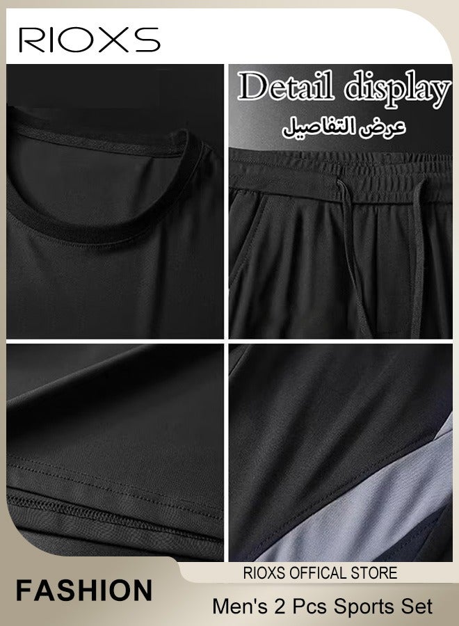 RIOXS Men's 2 Pieces Summer Color Stitching Sports Set Crew Neck Slim Fit T-shirt & Elastic Waist Downstrings Jogger Long Pants - Image 4