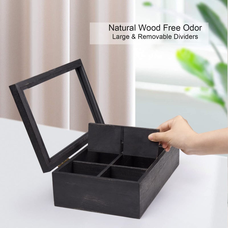Alsonerbay Wooden Tea Box Tea Bag Holder Kitchen Storage Chest Box for Spice Pouches and Sugar Packets with 8 Compartments and Glass Window Weathered Black - Image 5