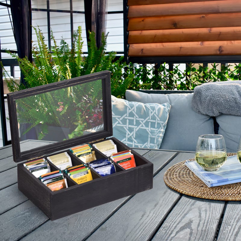 Alsonerbay Wooden Tea Box Tea Bag Holder Kitchen Storage Chest Box for Spice Pouches and Sugar Packets with 8 Compartments and Glass Window Weathered Black - Image 2