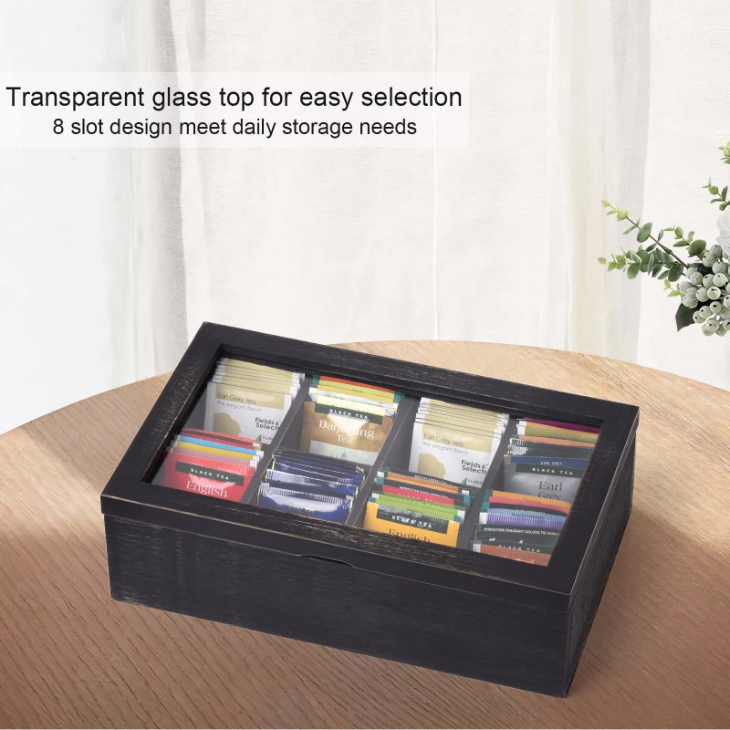 Alsonerbay Wooden Tea Box Tea Bag Holder Kitchen Storage Chest Box for Spice Pouches and Sugar Packets with 8 Compartments and Glass Window Weathered Black - Image 4