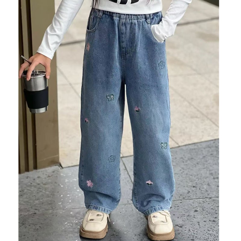 Girls' Jeans Korean Style Loose Denim Long Pants Straight Children'S Trendy Pants - Image 3