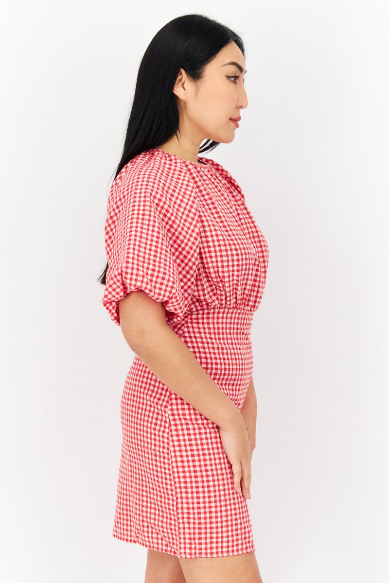 trendyol Women Gingham Puff Sleeve Mini Dress, Red/White - Image 4
