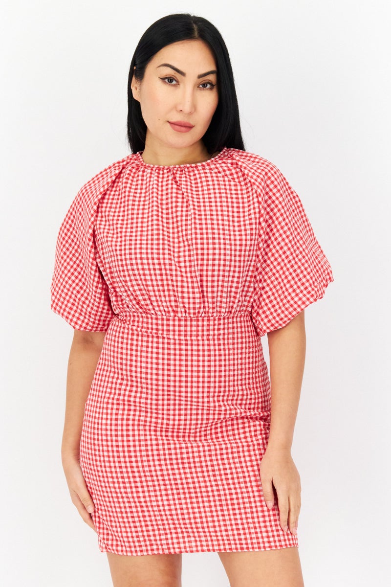 trendyol Women Gingham Puff Sleeve Mini Dress, Red/White - Image 1