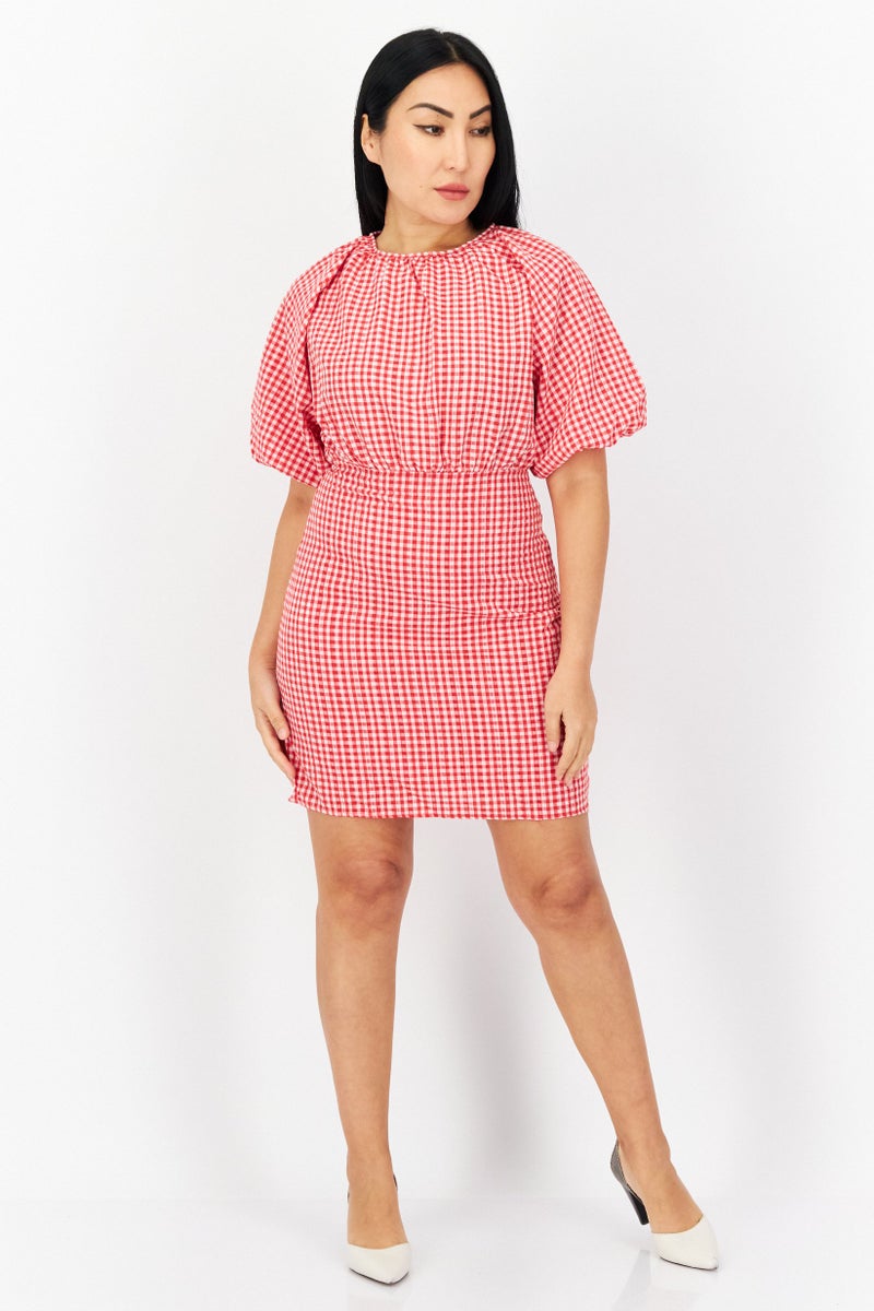 trendyol Women Gingham Puff Sleeve Mini Dress, Red/White - Image 3
