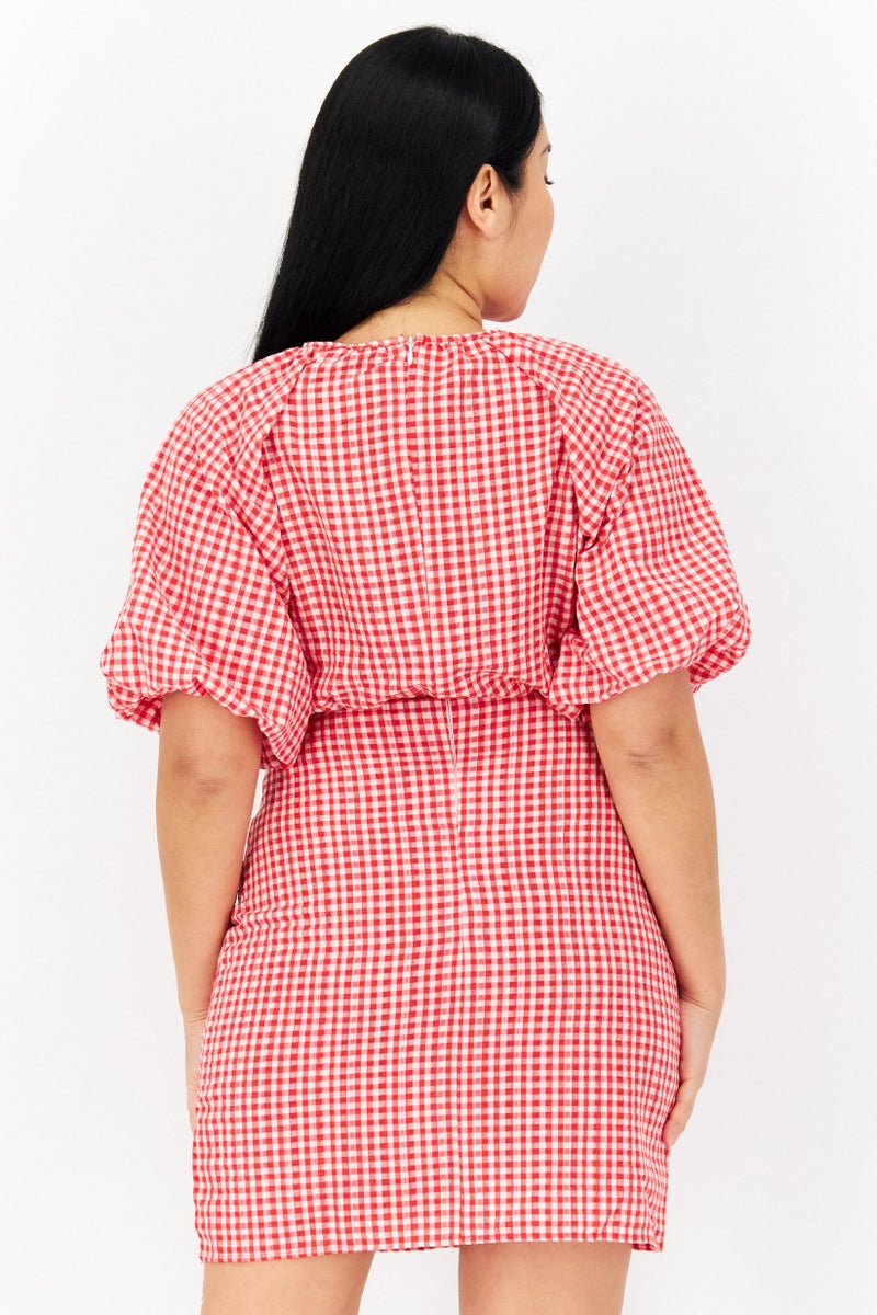 trendyol Women Gingham Puff Sleeve Mini Dress, Red/White - Image 2