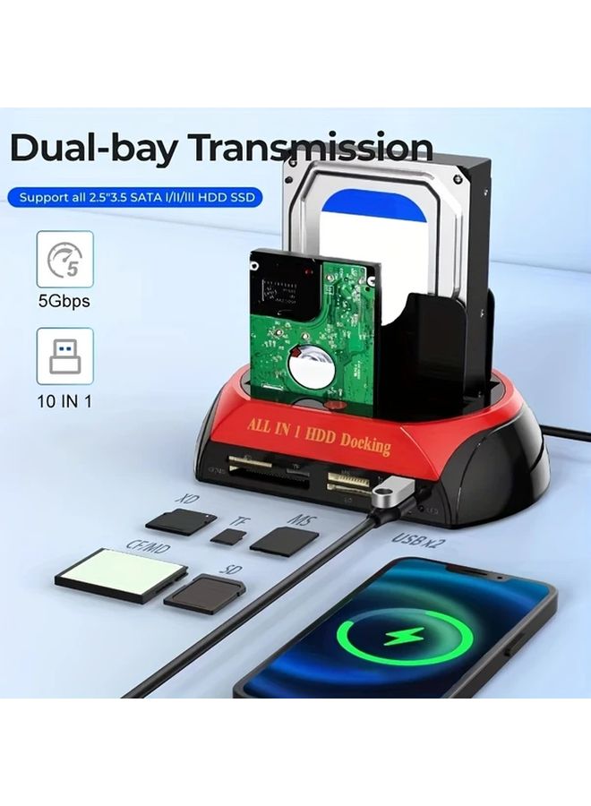10 في 1 محطة إرساء محرك أقراص ثنائية المنفذ USB 5 جيجابت في الثانية لمحركات الأقراص الصلبة HDD 2.5 و 3.5 بوصة ومحركات SSD وبطاقات TF - Image 1