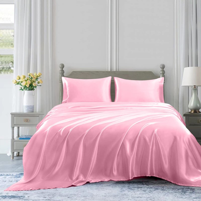 Homiest 4pcs Satin Sheets Set Luxury Silky Satin Bedding Set with Deep Pocket, 1 Fitted Sheet + 1 Flat Sheet + 2 Pillowcases (Queen Size, Pink) - Image 2