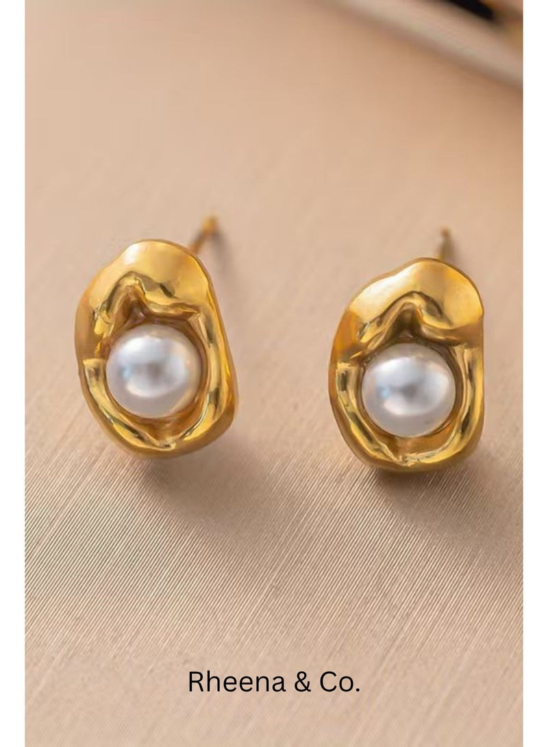 Rheena & Co. 18K Gold Plated Stainless Steel 3pcs High-End Artificial Pearl Necklace Stud Earrings Set for Women & Ladies Waterproof Hypoallergenic Rust-Proof Tarnish-Resistant  – Lightweight Luxury Jewelry Gift for Girlfriend, Wife, Dating, Dinner, Banquet, Party, Fashionable, Elegant & Versatile Jewelry Set - Image 5