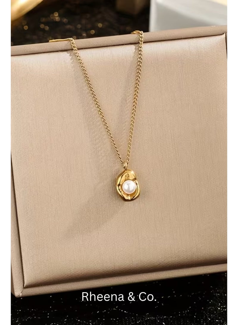 Rheena & Co. 18K Gold Plated Stainless Steel 3pcs High-End Artificial Pearl Necklace Stud Earrings Set for Women & Ladies Waterproof Hypoallergenic Rust-Proof Tarnish-Resistant  – Lightweight Luxury Jewelry Gift for Girlfriend, Wife, Dating, Dinner, Banquet, Party, Fashionable, Elegant & Versatile Jewelry Set - Image 4