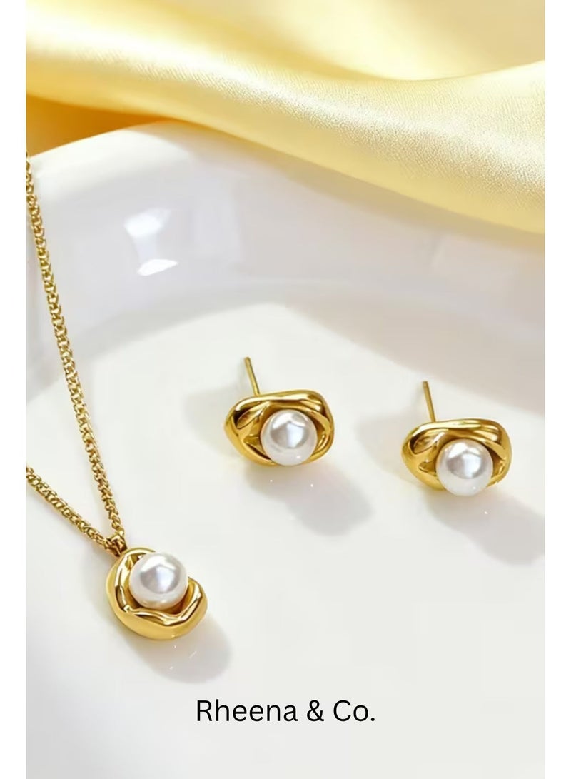 Rheena & Co. 18K Gold Plated Stainless Steel 3pcs High-End Artificial Pearl Necklace Stud Earrings Set for Women & Ladies Waterproof Hypoallergenic Rust-Proof Tarnish-Resistant  – Lightweight Luxury Jewelry Gift for Girlfriend, Wife, Dating, Dinner, Banquet, Party, Fashionable, Elegant & Versatile Jewelry Set - Image 1