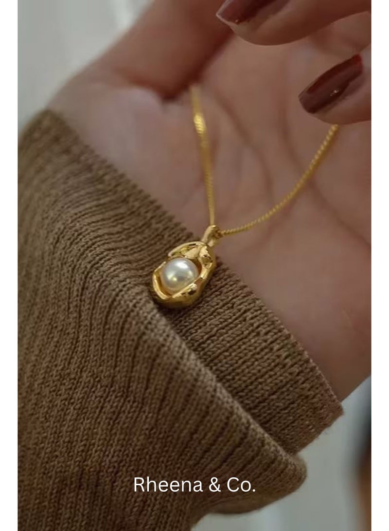 Rheena & Co. 18K Gold Plated Stainless Steel 3pcs High-End Artificial Pearl Necklace Stud Earrings Set for Women & Ladies Waterproof Hypoallergenic Rust-Proof Tarnish-Resistant  – Lightweight Luxury Jewelry Gift for Girlfriend, Wife, Dating, Dinner, Banquet, Party, Fashionable, Elegant & Versatile Jewelry Set - Image 3