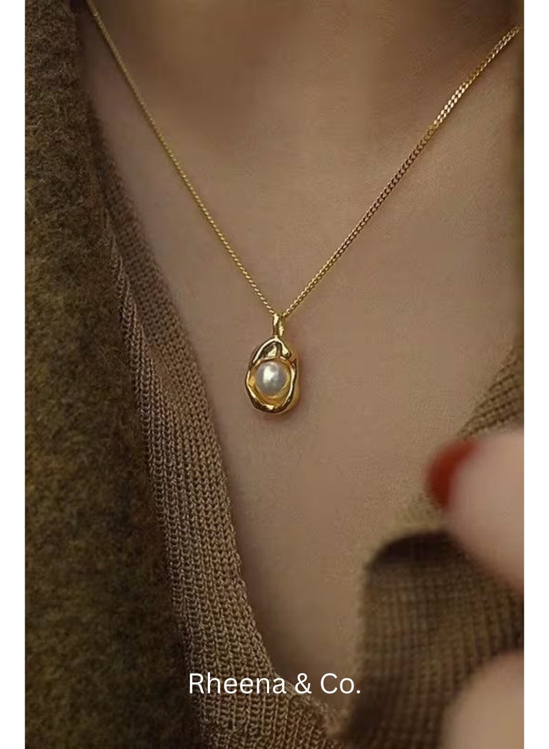 Rheena & Co. 18K Gold Plated Stainless Steel 3pcs High-End Artificial Pearl Necklace Stud Earrings Set for Women & Ladies Waterproof Hypoallergenic Rust-Proof Tarnish-Resistant  – Lightweight Luxury Jewelry Gift for Girlfriend, Wife, Dating, Dinner, Banquet, Party, Fashionable, Elegant & Versatile Jewelry Set - Image 2