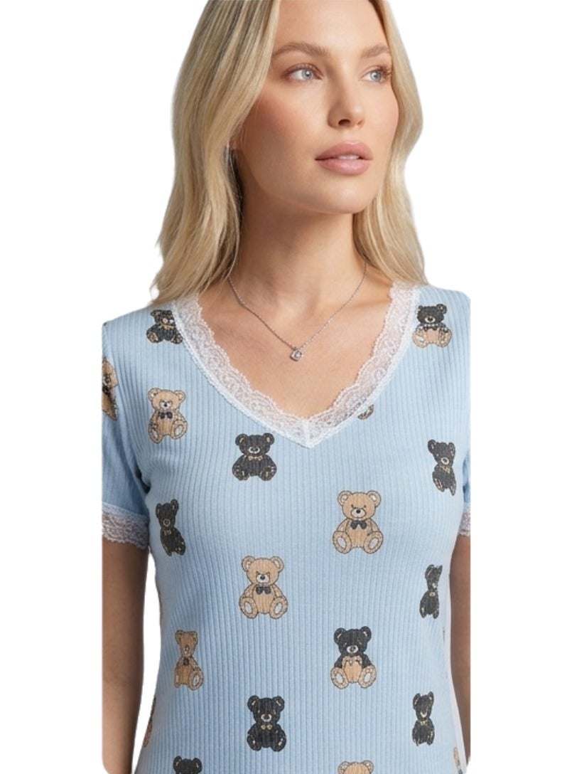 Women's V-Neck Ribbed Cotton Blend Nightshirt / Loungewear Dress (Up to 65 kg) - Image 5