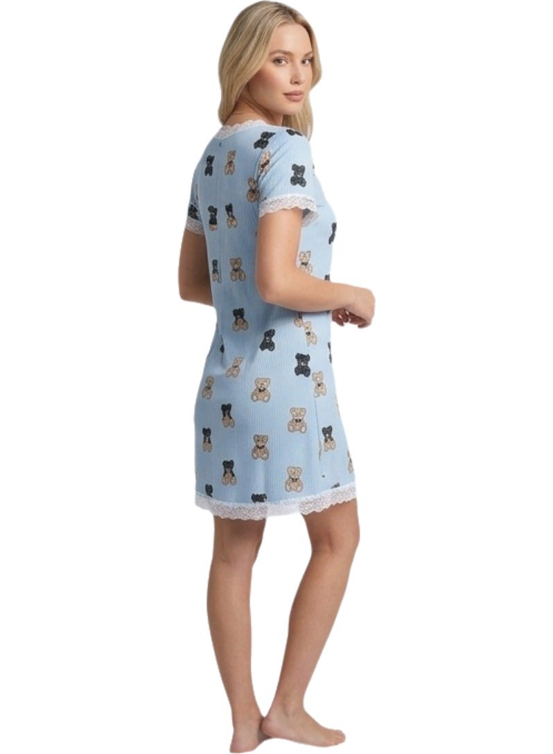 Women's V-Neck Ribbed Cotton Blend Nightshirt / Loungewear Dress (Up to 65 kg) - Image 2