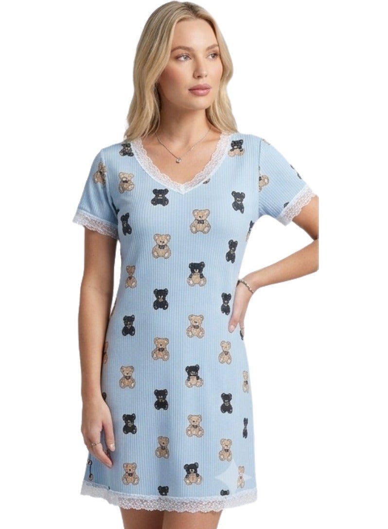 Women's V-Neck Ribbed Cotton Blend Nightshirt / Loungewear Dress (Up to 65 kg) - Image 4
