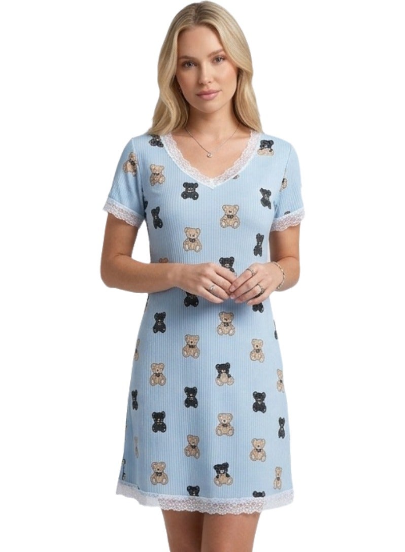 Women's V-Neck Ribbed Cotton Blend Nightshirt / Loungewear Dress (Up to 65 kg) - Image 1