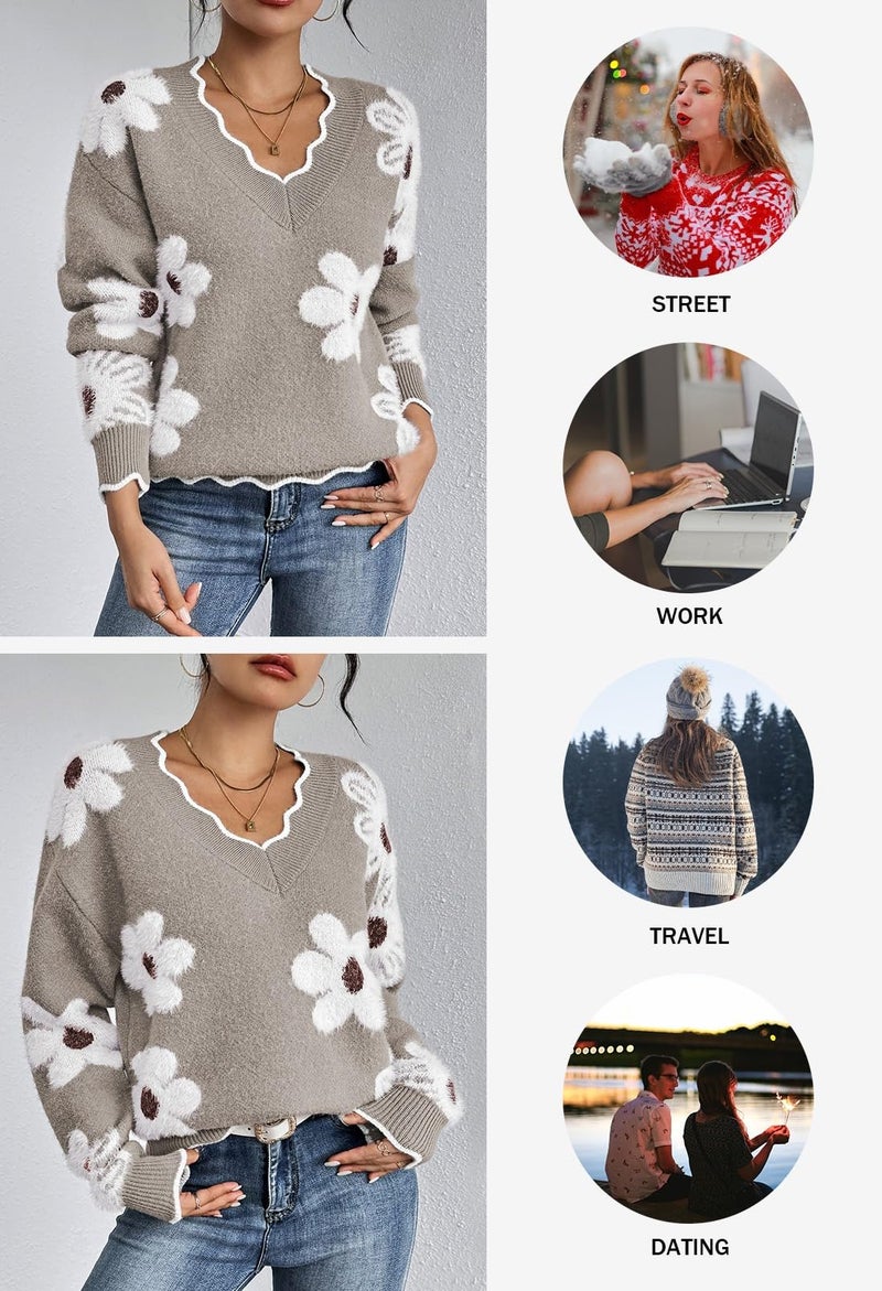 Pink Queen Winter V Neck Oversized Pullover Top for Women Soft Long Sleeve Knit Color Block Flower Jumper Sweater Boyfriend Slouchy Thick Tunics Taupe L - Image 5