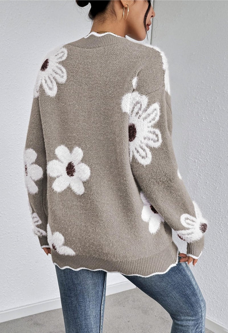 Pink Queen Winter V Neck Oversized Pullover Top for Women Soft Long Sleeve Knit Color Block Flower Jumper Sweater Boyfriend Slouchy Thick Tunics Taupe L - Image 3