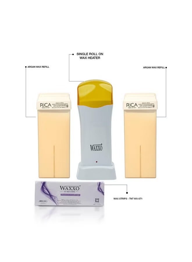 Rica white chocolate Wax Refill Roll-On Hair Removal for Men & Women 100 ml, (Pack of 2) with Single Roll On Wax Heater & Wax Strips, 4 Pcs Gift Combo - Image 2