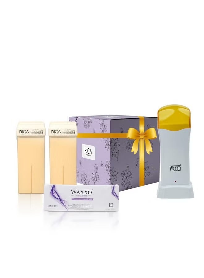 Rica white chocolate Wax Refill Roll-On Hair Removal for Men & Women 100 ml, (Pack of 2) with Single Roll On Wax Heater & Wax Strips, 4 Pcs Gift Combo - Image 1