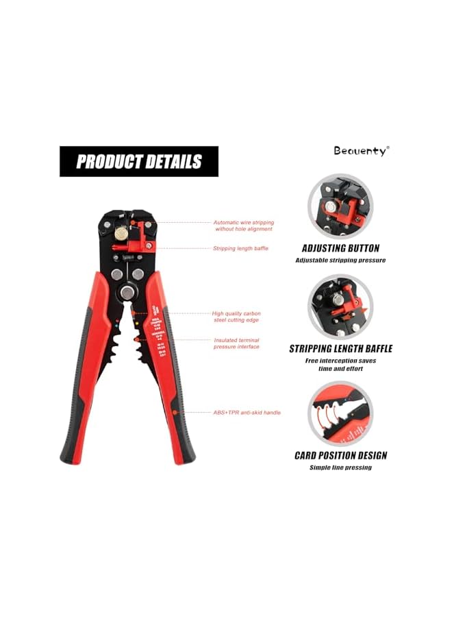Beauenty Multifunctional Wire Stripper Cutter, Crimping Stripping Pliers Tool, Self-Adjusting 8" Automatic Wire Stripping and Cutting Tool for Electrical, Repair, and Maintenance (Red) - Image 3