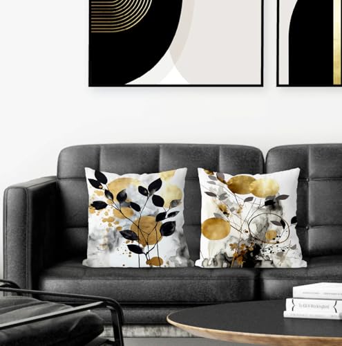 Supwhd Black and Gold Botanical Pillow Covers 18x18 Set of 2 Abstract Modern Decorative Throw Pillow Covers for Living Room Bedroom Modern Home Decor Black and Gold Bedroom Living Room Decor - Image 3