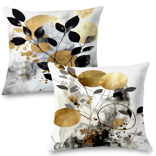 Supwhd Black and Gold Botanical Pillow Covers 18x18 Set of 2 Abstract Modern Decorative Throw Pillow Covers for Living Room Bedroom Modern Home Decor Black and Gold Bedroom Living Room Decor - Image 1