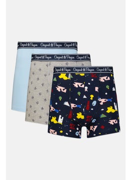 Men 3 Pieces Brand Logo Boxer Briefs, Grey/Navy/Turquoise