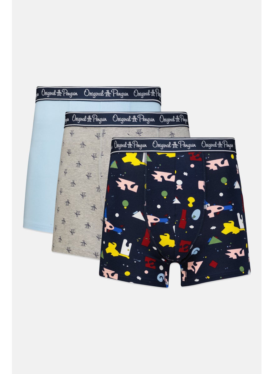 Original Penguin - Men 3 Pieces Brand Logo Boxer Briefs, Grey/Navy/Turquoise - Image 1