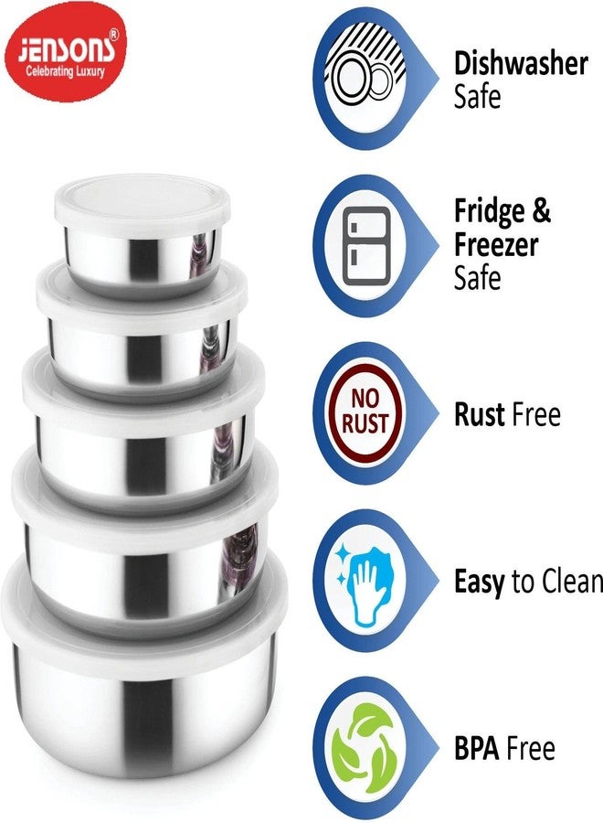 JENSONS Stainless Steel Storage Bowls with Lids | 5 Pieces | 200 ml to 1150 ml | Airtight Food Containers | Stackable Nesting Set | Silver - Image 2