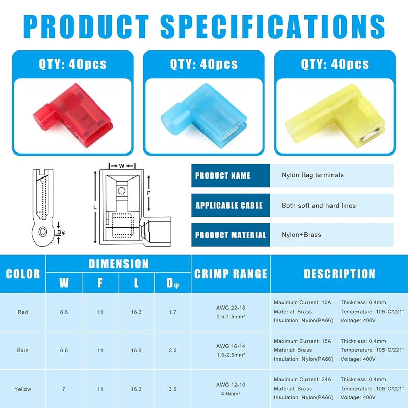 Flytuo 120pcs Nylon Insulated Flag Spade Quick Disconnect Wire Connector 90 Degree Electric Female Crimp Terminals Assortment Kit AWG22-10 - Image 4