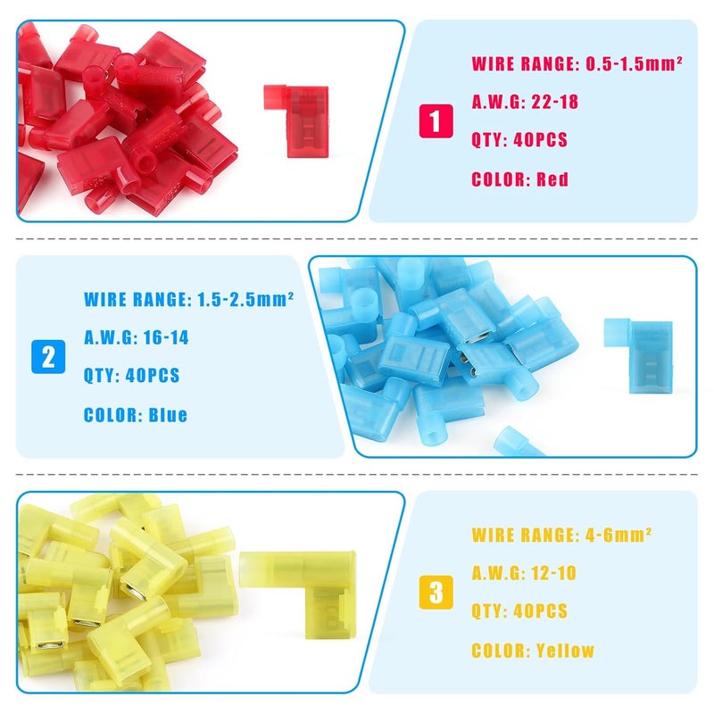 Flytuo 120pcs Nylon Insulated Flag Spade Quick Disconnect Wire Connector 90 Degree Electric Female Crimp Terminals Assortment Kit AWG22-10 - Image 2