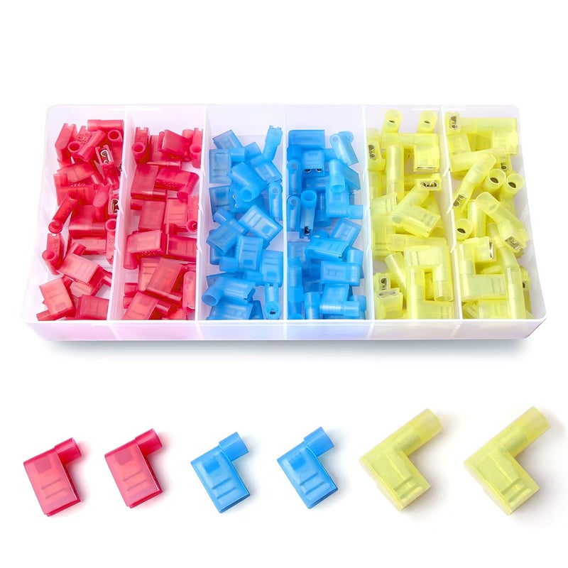 Flytuo 120pcs Nylon Insulated Flag Spade Quick Disconnect Wire Connector 90 Degree Electric Female Crimp Terminals Assortment Kit AWG22-10 - Image 1