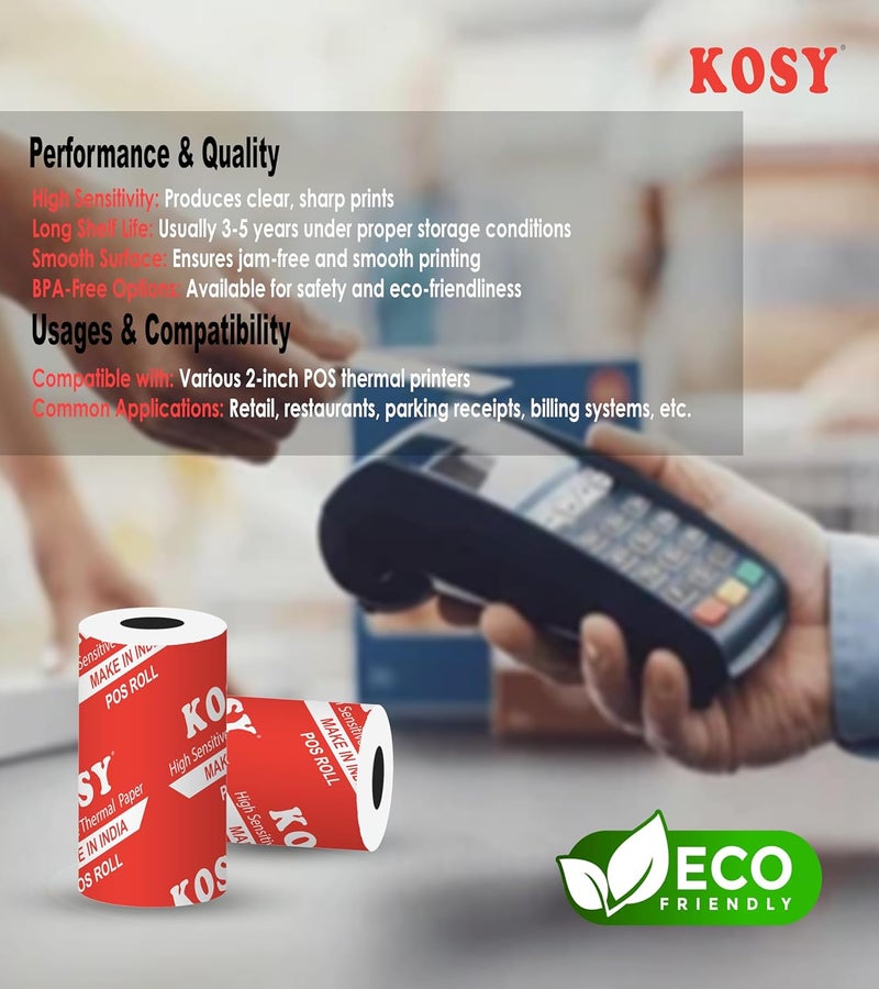 KOSY لفائف ورق حراري لنقاط البيع | 57 مم (2.25 بوصة) | لفائف ورق طابعة حرارية خالية من BPA لآلة نقاط البيع، طابعة إيصالات صغيرة، أنظمة الفوترة وسجلات النقد (20) - Image 4