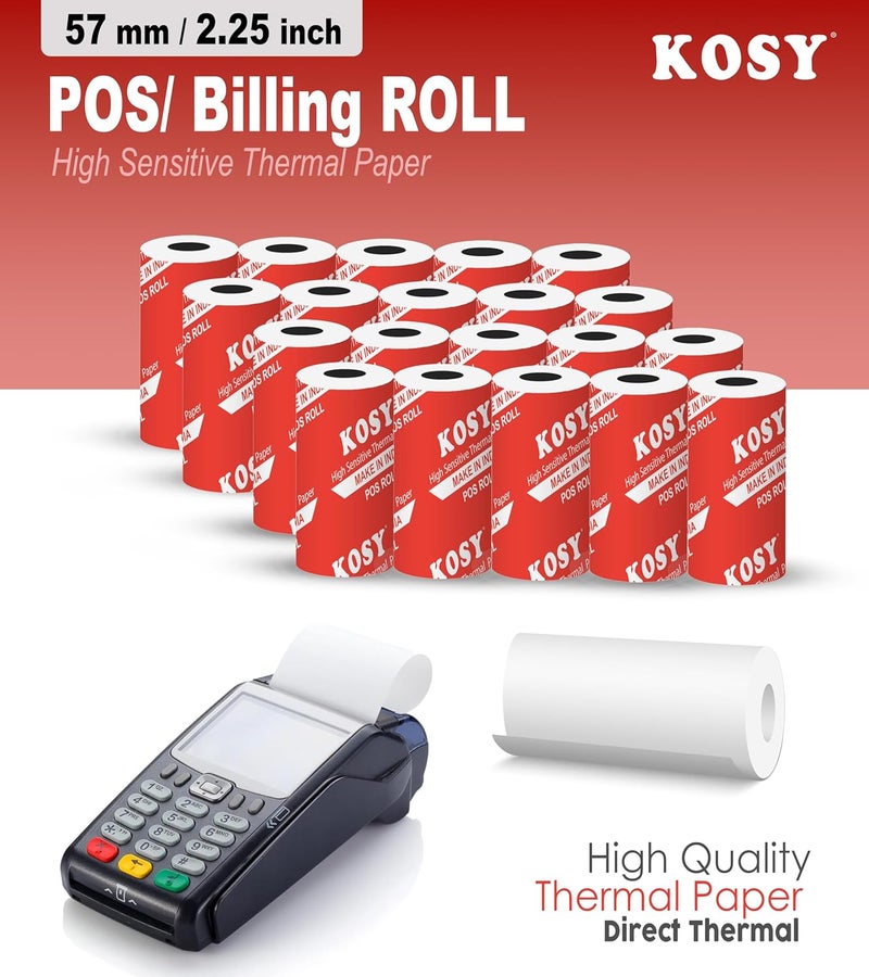 KOSY لفائف ورق حراري لنقاط البيع | 57 مم (2.25 بوصة) | لفائف ورق طابعة حرارية خالية من BPA لآلة نقاط البيع، طابعة إيصالات صغيرة، أنظمة الفوترة وسجلات النقد (20) - Image 2