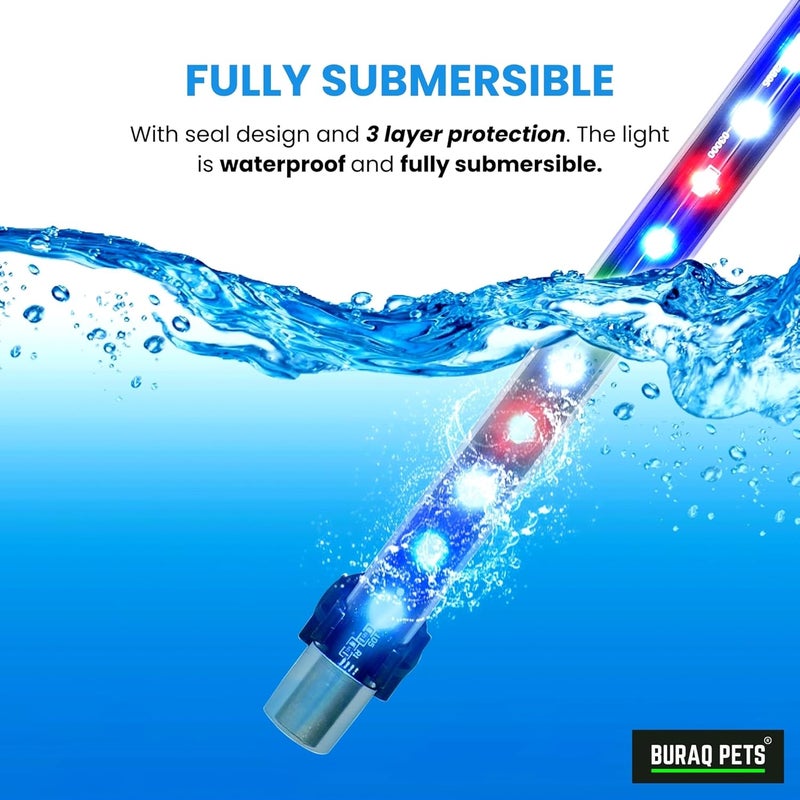 BURAQ ضوء حوض السمك LED متعدد الألوان، مقاوم للماء، موفر للطاقة، أوضاع متعددة الألوان WRGB، أضواء حوض السمك الغاطسة (حتى 2.5 قدم حوض)، زجاج - Image 4