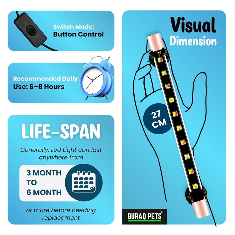 BURAQ ضوء حوض السمك LED متعدد الألوان، مقاوم للماء، موفر للطاقة، أوضاع متعددة الألوان WRGB، أضواء حوض السمك الغاطسة (حتى 2.5 قدم حوض)، زجاج - Image 5